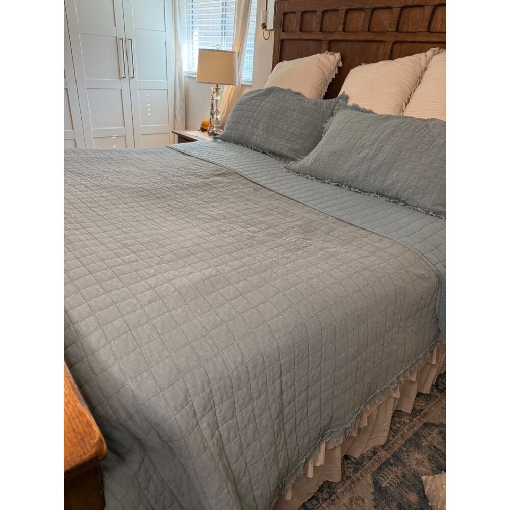 Shabby Chic King Size Quilted Comforter Set 2 Pillow Shams Frayed Edges Cotton